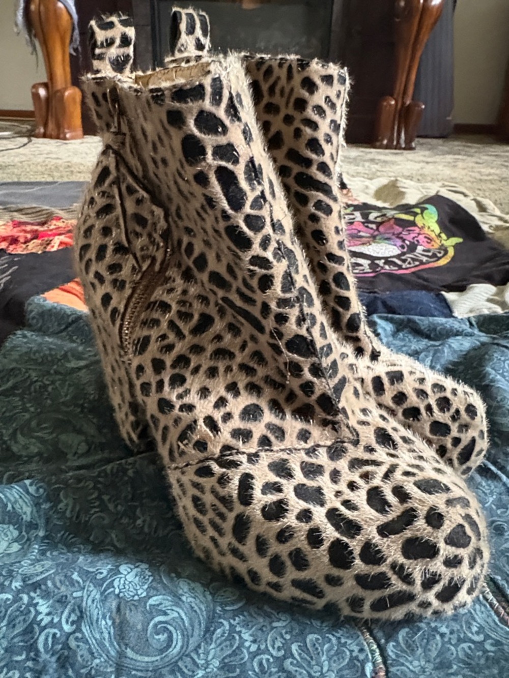 Big Buddha Leopard Haircalf Ankle Boots in Tan and Black 8.5